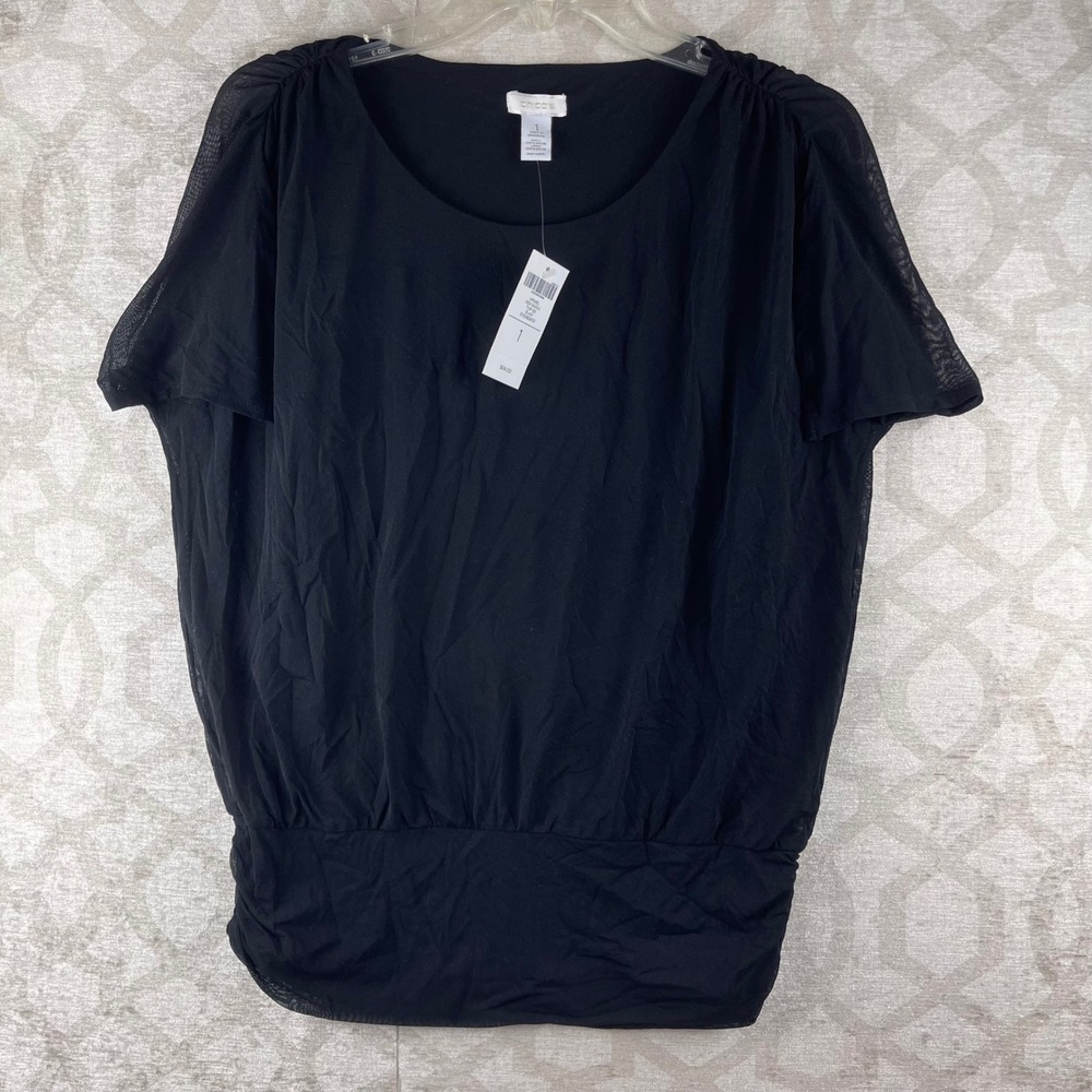 Chicos Mesh Bianca Top Women's 1 M Black NWT Short Sleeve Blouson Nylon Blouse